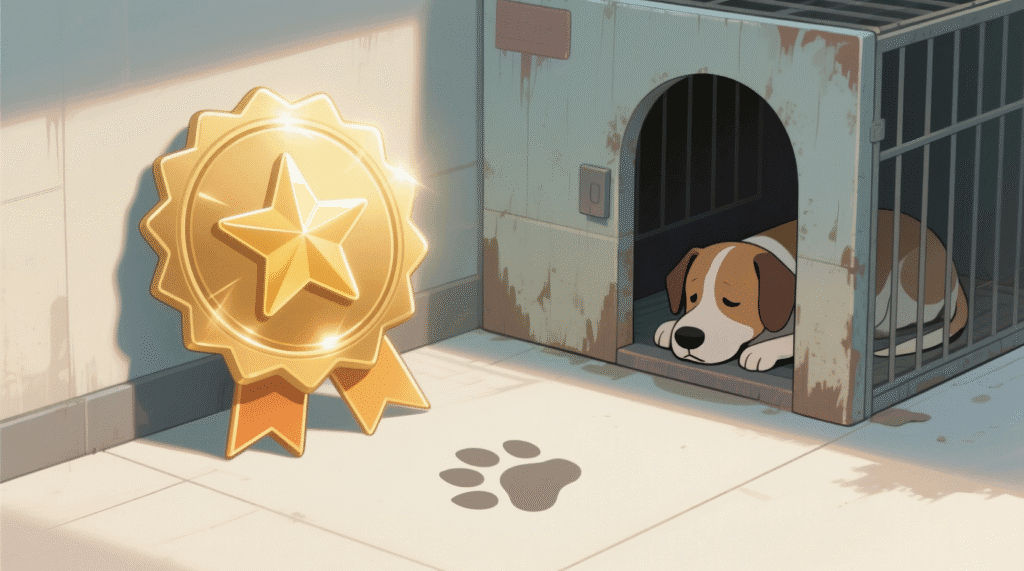 Satirical illustration of a five-star review floating above an empty dog kennel — The Daily Dope