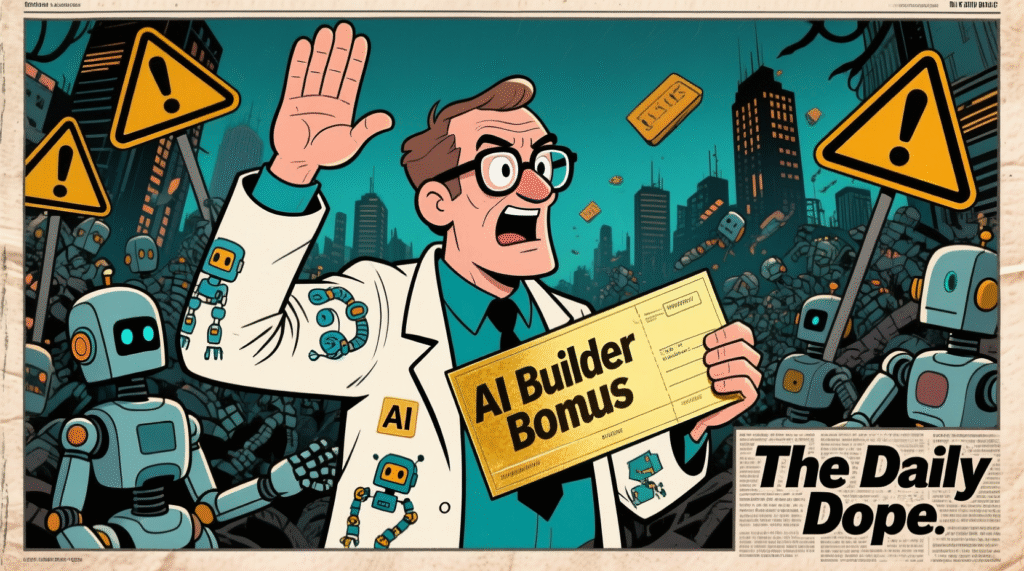 Satirical illustration of an AI expert warning of doom while holding a golden paycheck labeled "AI Builder Bonus" — The Daily Dope