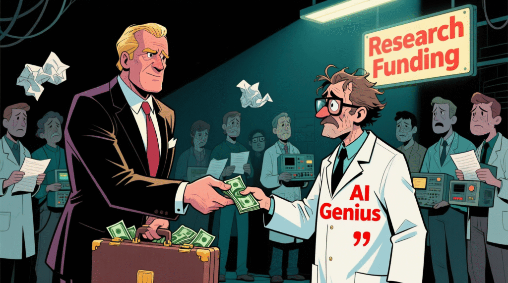 Satirical illustration of a billionaire handing a briefcase of cash to a scientist labeled "AI Genius" while other researchers watch in despair — The Daily Dope