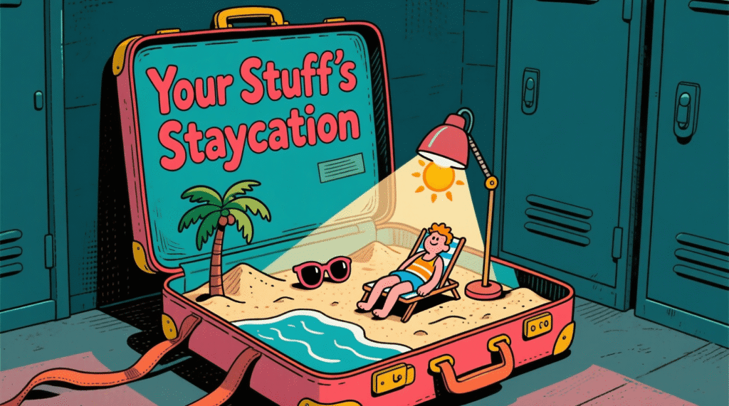 Airbnb for Storage Units: Because Your Belongings Deserve a Vacation Too! Satirical illustration of a suitcase with sunglasses on a tiny beach inside a storage unit labeled "Your Stuff's Staycation" — The Daily Dope