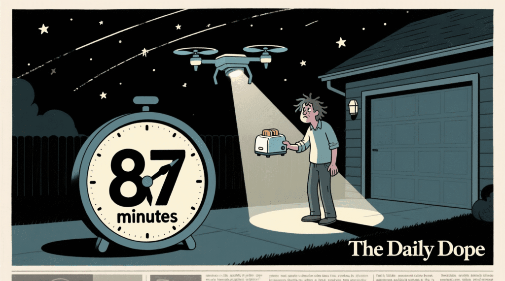 Satirical illustration of a person receiving a toaster at 3 AM with a delivery drone overhead and a clock showing 87 minutes — The Daily Dope