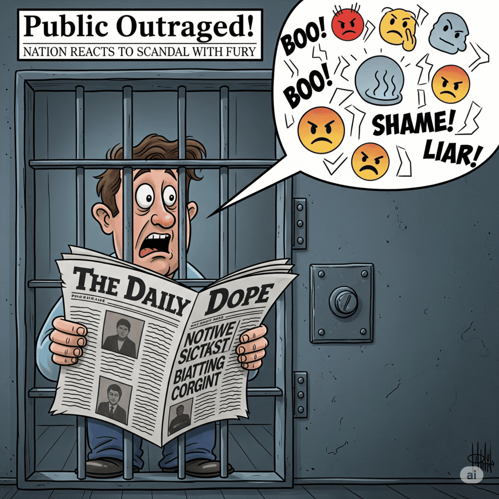 Satirical illustration of a prisoner reacting to public reaction, not fellow inmates — The Daily Dope