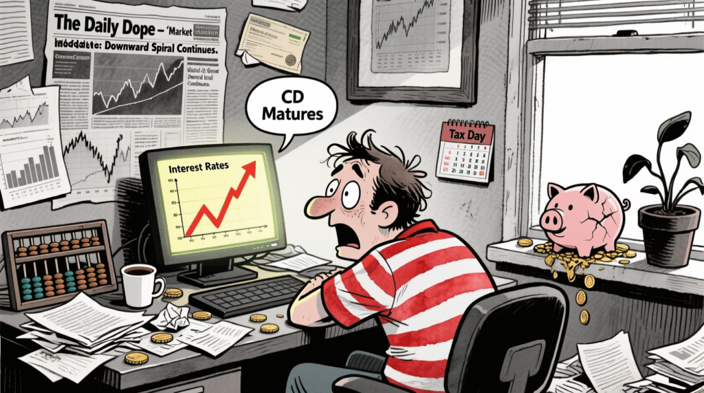 Satirical illustration of a person staring at a computer showing falling interest rates and a maturing CD — The Daily Dope