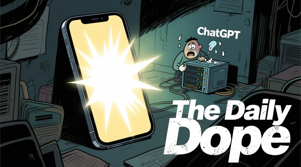Satirical illustration of a phone glowing brightly while a tiny ChatGPT server labors in the background — The Daily Dope