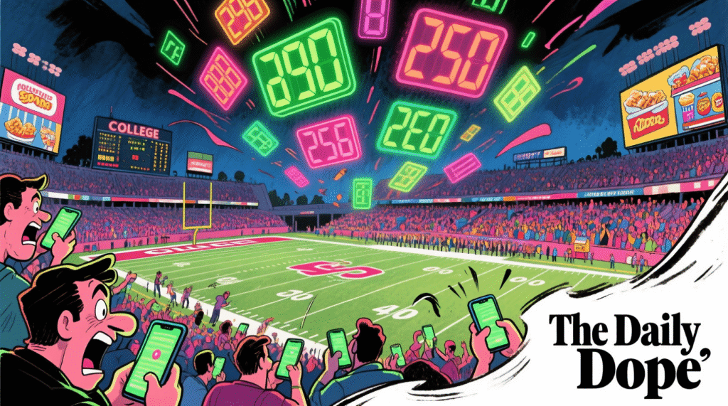 Satirical illustration of a college football game with betting odds floating above the field and fans holding phones — The Daily Dope
