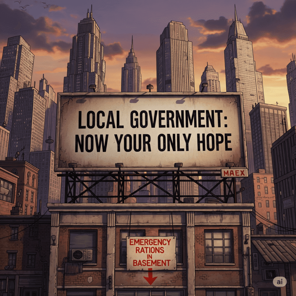 Satirical illustration of a city skyline with signs: "Local Government: Now Your Only Hope" and "Emergency Rations in Basement" — The Daily Dope