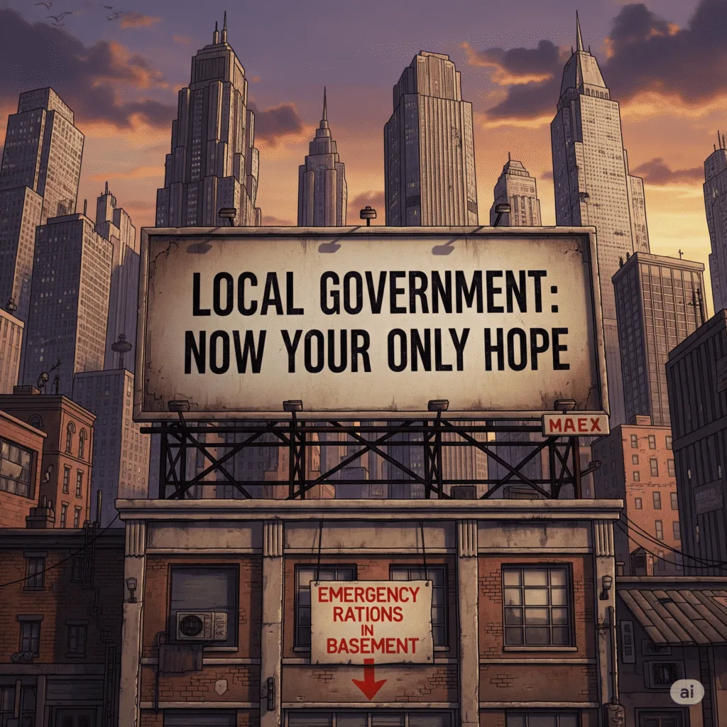 Democratic Cities Prep for “Federal Chaos”: Because Washington’s Got No Clue! Satirical illustration of a city skyline with signs: "Local Government: Now Your Only Hope" and "Emergency Rations in Basement" — The Daily Dope