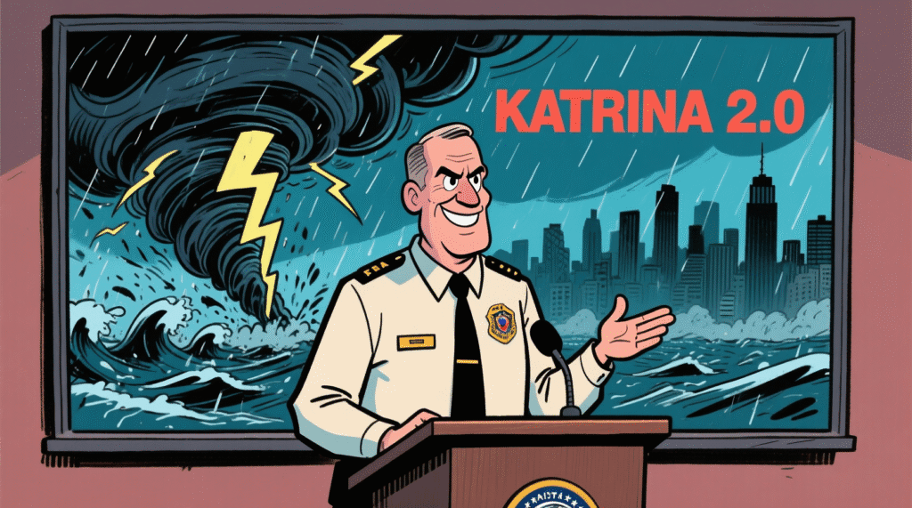 Satirical illustration of a FEMA official presenting a "Katrina 2.0" slide while a storm approaches in the background — The Daily Dope