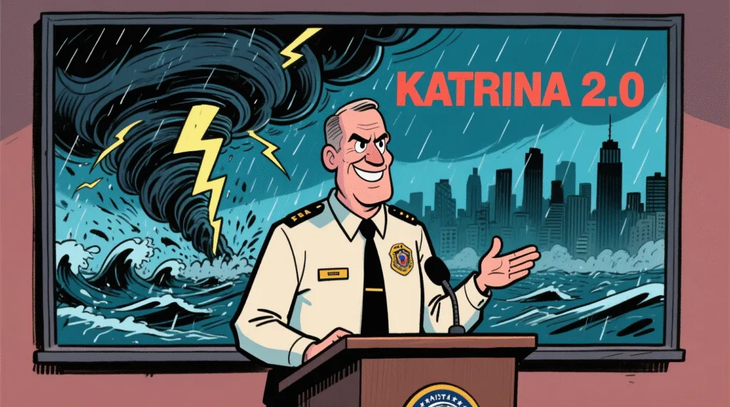 Satirical illustration of a FEMA official presenting a "Katrina 2.0" slide while a storm approaches in the background — The Daily Dope