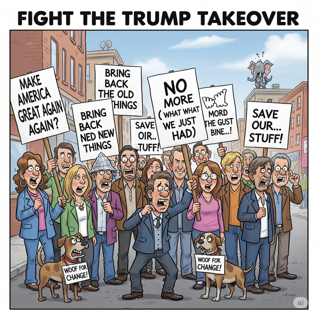 Satirical image of a "Fight the Trump Takeover" protest with enthusiastic but confused demonstrators holding signs — The Daily Dope