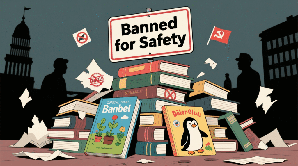 Satirical illustration of a stack of banned books including a gardening guide and a children's book about penguins, with a sign: "Banned for Safety" — The Daily Dope