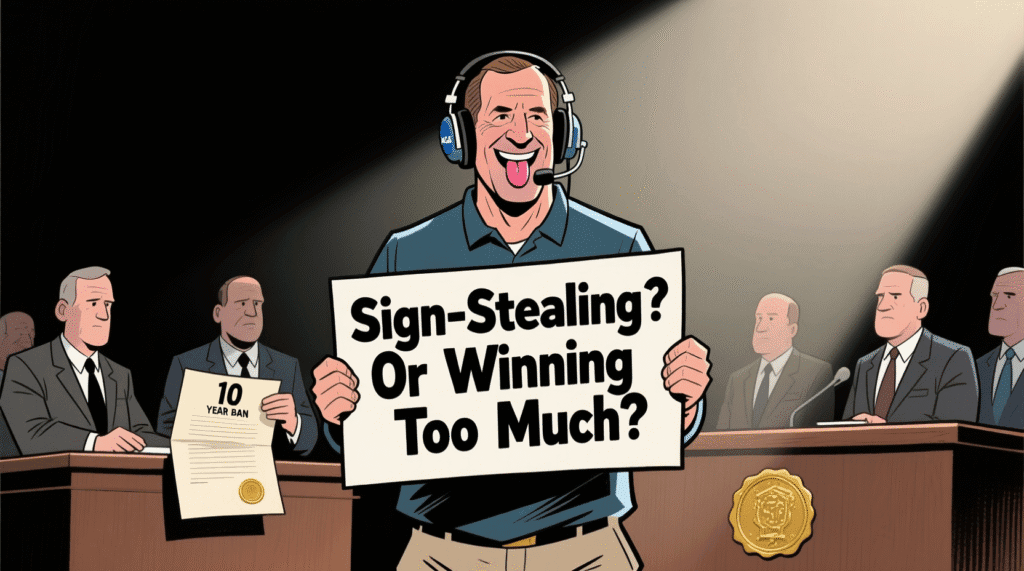Satirical illustration of Jim Harbaugh holding a "Sign-Stealing? Or Winning Too Much?" sign as NCAA officials hand him a 10-year ban letter — The Daily Dope
