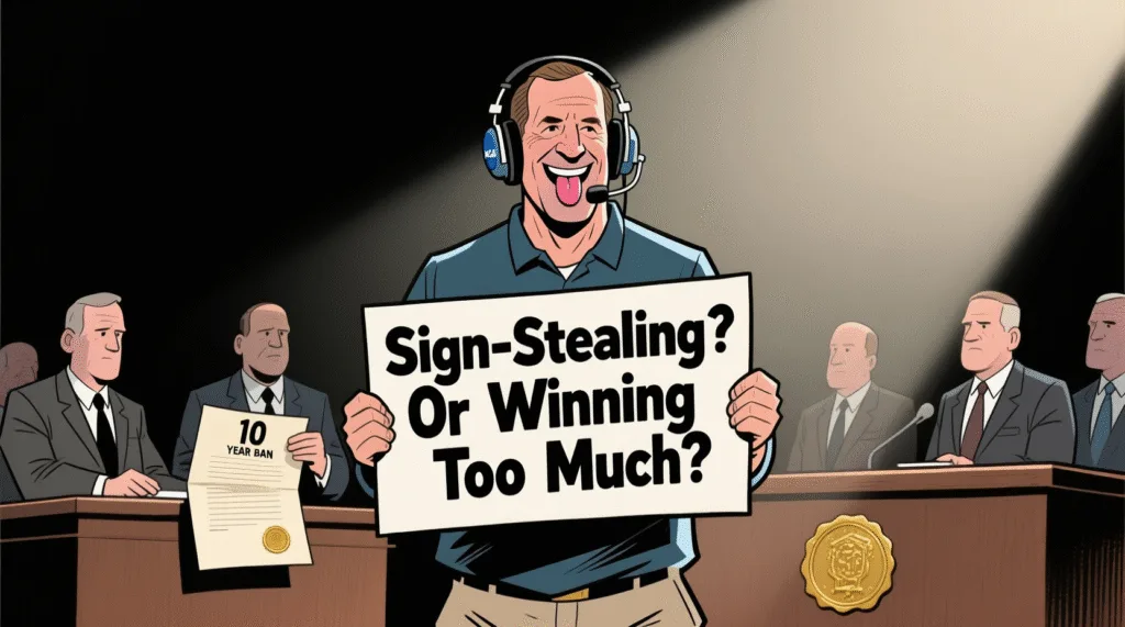 Satirical illustration of Jim Harbaugh holding a "Sign-Stealing? Or Winning Too Much?" sign as NCAA officials hand him a 10-year ban letter — The Daily Dope