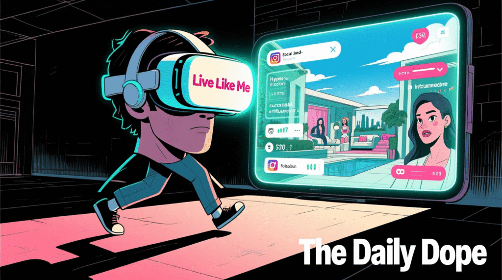 Satirical illustration of a person wearing a VR headset labeled "Live Like Me" while stepping into an influencer's curated life — The Daily Dope