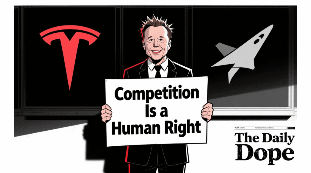 Satirical illustration of Elon Musk holding a "Competition Is a Human Right" sign while standing in front of closed Tesla and SpaceX logos — The Daily Dope