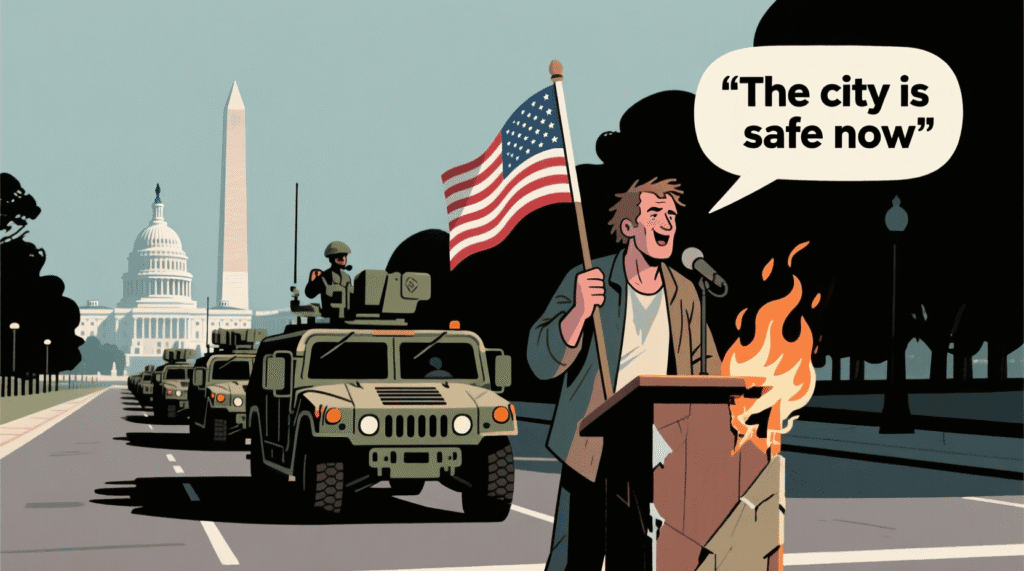 Satirical illustration of National Guard vehicles patrolling Washington DC as a man burns a flag and says "The city is safe now" — The Daily Dope