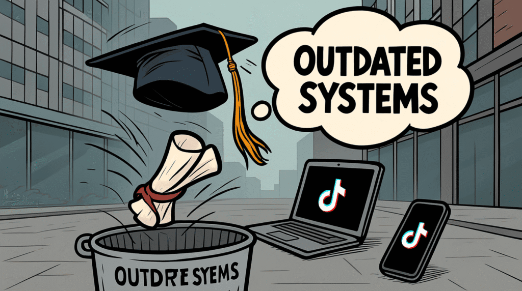 Satirical illustration of a graduate cap thrown into a trash can labeled "Outdated Systems" with a laptop and TikTok phone nearby — The Daily Dope