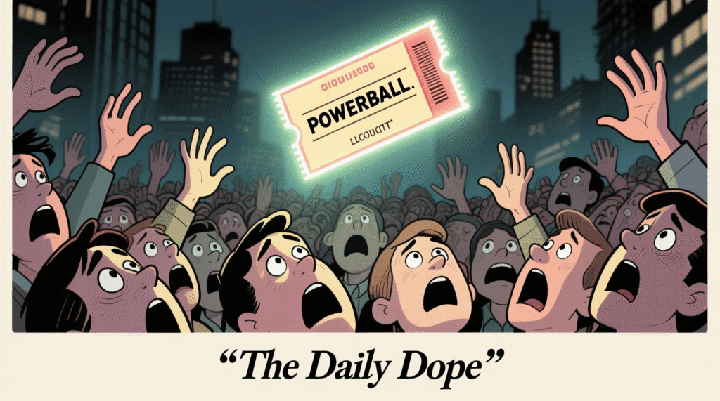 Satirical illustration of a glowing Powerball ticket floating over a crowd of hopeful faces — The Daily Dope