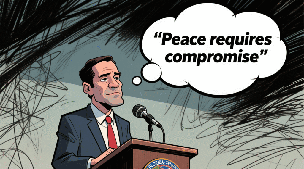Satirical illustration of Senator Rubio speaking slowly into a microphone while a thought bubble says "Peace requires compromise" — The Daily Dope