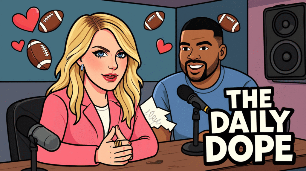 Satirical image of Taylor Swift announcing her album on Travis Kelce's podcast, with hearts and footballs floating in the background — The Daily Dope