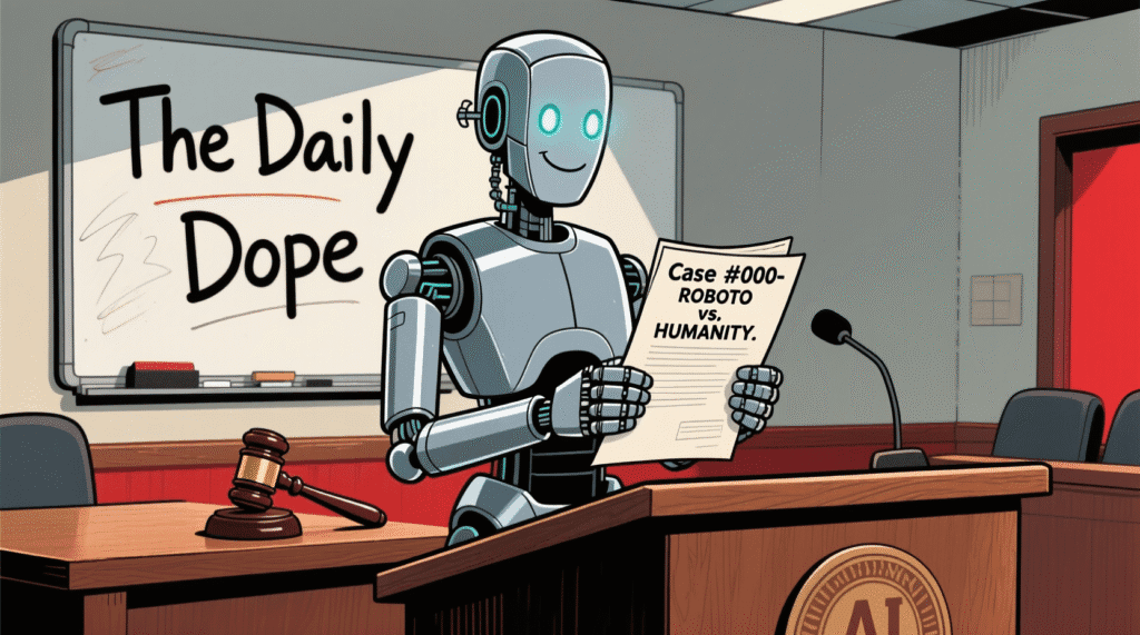 Satirical illustration of a robot on the witness stand, confidently citing a fake court case — The Daily Dope