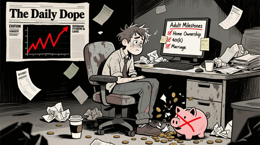 Satirical illustration of a young adult staring at a checklist of adult milestones like home ownership and marriage, surrounded by rising rent and student debt — The Daily Dope