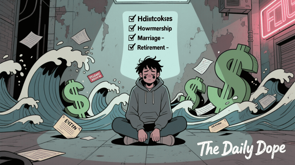 Satirical illustration of a young adult staring at a checklist of adult milestones like home ownership and marriage, surrounded by rising rent and student debt — The Daily Dope
