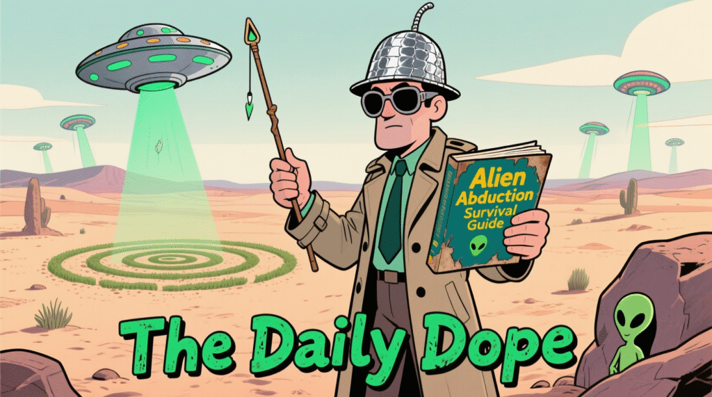 Satirical image of a person wrapped in tinfoil, holding a dowsing rod and a "Alien Abduction Survival Guide" — The Daily Dope