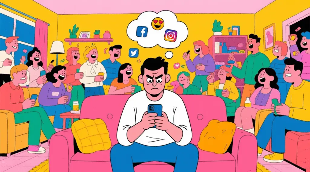 Satirical image of a person staring at their phone in a crowded room, ignoring everyone — The Daily Dope
