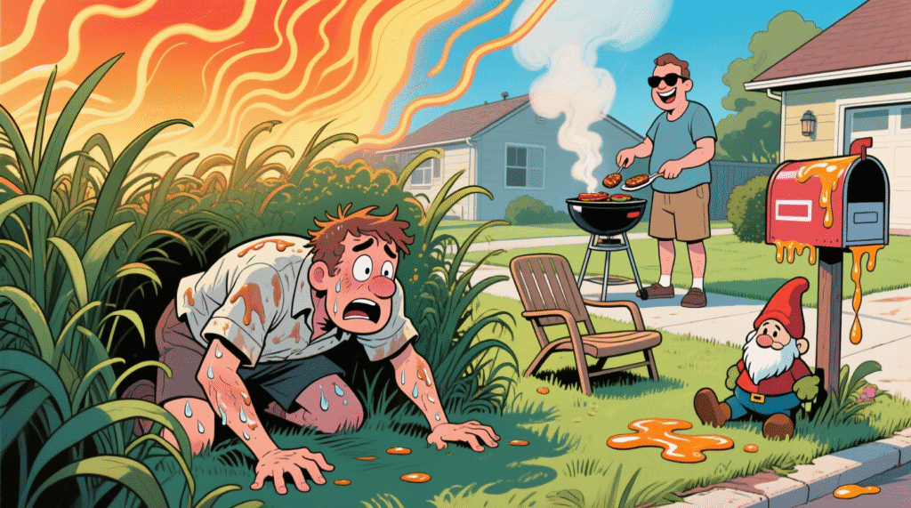 Satirical image of a person crawling through bushes to avoid their neighbor during a heatwave — The Daily Dope