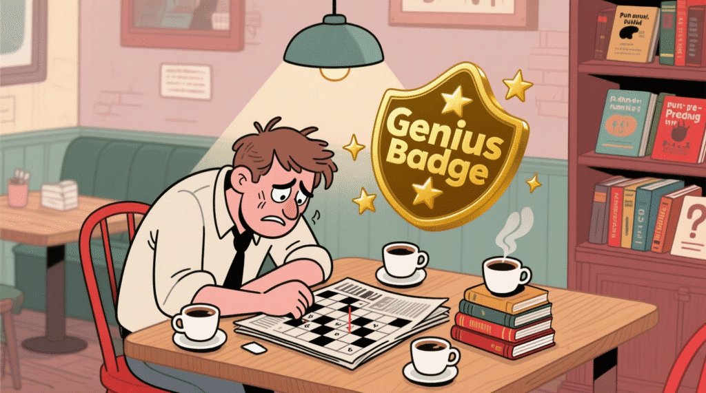 Satirical image of a person staring at a Connections puzzle grid, surrounded by coffee cups and a "Genius Badge" — The Daily Dope