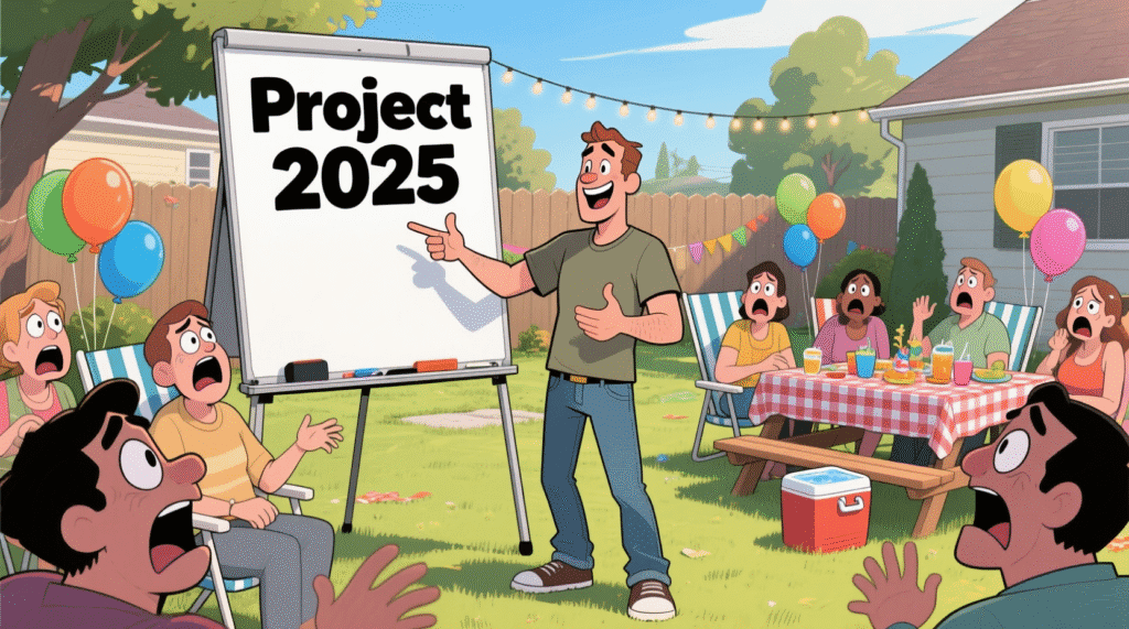 Satirical image of a man explaining Project 2025 on a whiteboard at a backyard party while guests look horrified — The Daily Dope