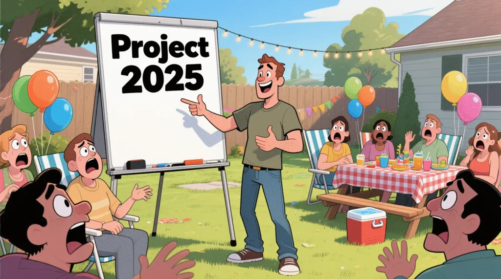 Satirical image of a man explaining Project 2025 on a whiteboard at a backyard party while guests look horrified — The Daily Dope