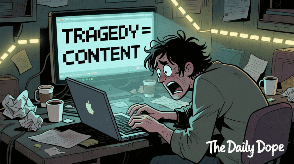 Satirical image of a person frantically typing a hot take on a laptop with "TRAGEDY = CONTENT" on screen — The Daily Dope