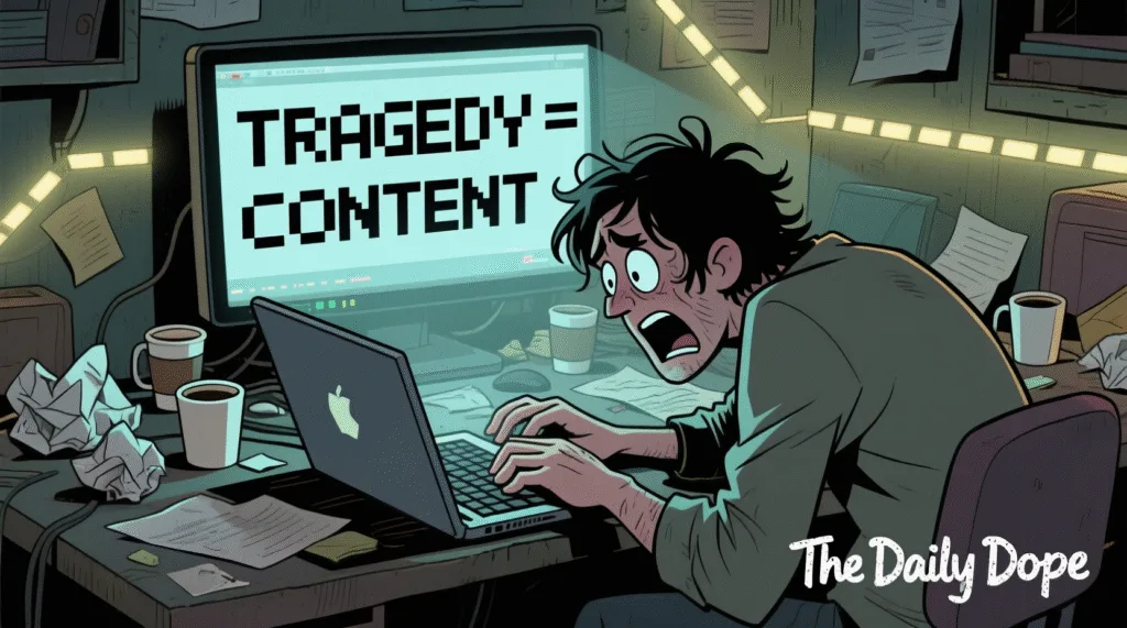 Satirical image of a person frantically typing a hot take on a laptop with "TRAGEDY = CONTENT" on screen — The Daily Dope