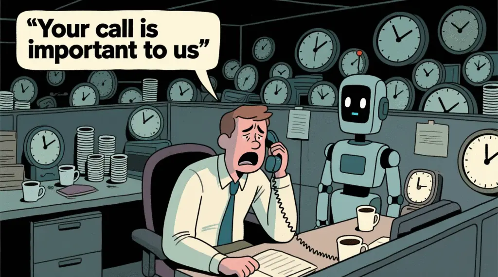 Satirical image of a person on hold, surrounded by clocks, coffee cups, and a robot saying "Your call is important" — The Daily Dope