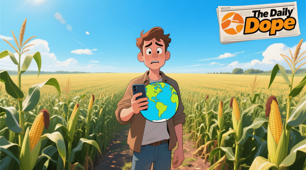 Satirical image of a person lost in a cornfield, holding a phone showing a flat Earth map — The Daily Dope
