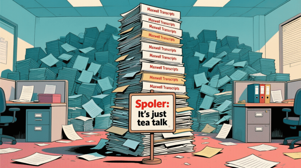Satirical illustration of a mountain of documents labeled "Maxwell Transcripts" with a tiny sign: "Spoiler: It's just tea talk" — The Daily Dope