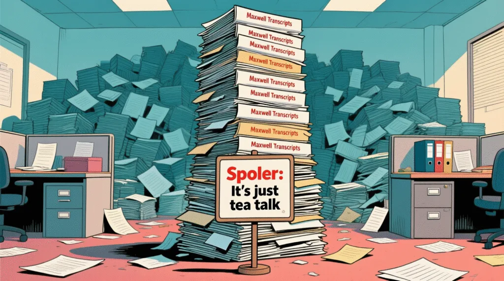 Ghislaine Maxwell Transcripts: The Big Reveal That Was… Absolutely Nothing! Satirical illustration of a mountain of documents labeled "Maxwell Transcripts" with a tiny sign: "Spoiler: It's just tea talk" — The Daily Dope