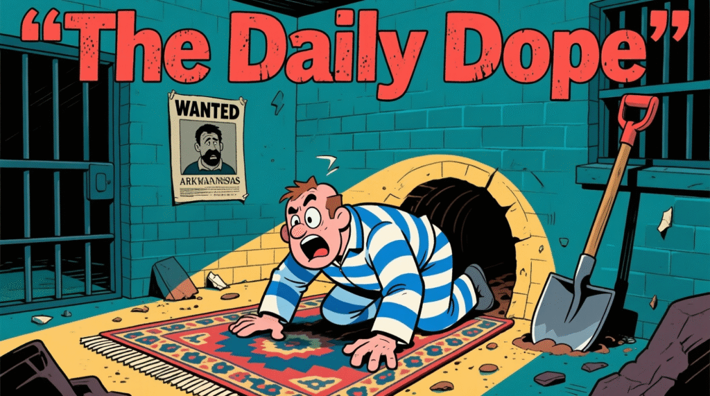 Satirical illustration of a prisoner escaping through a tunnel hidden under a rug in an Arkansas prison — The Daily Dope