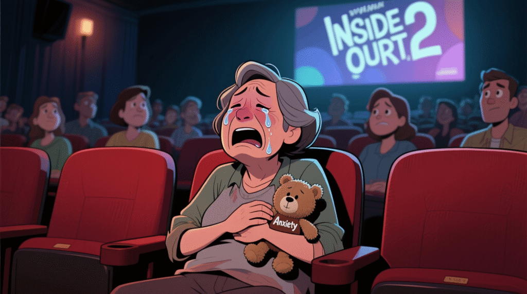 Satirical image of a parent crying in a theater while watching Inside Out 2, holding an "Anxiety" plushie — The Daily Dope