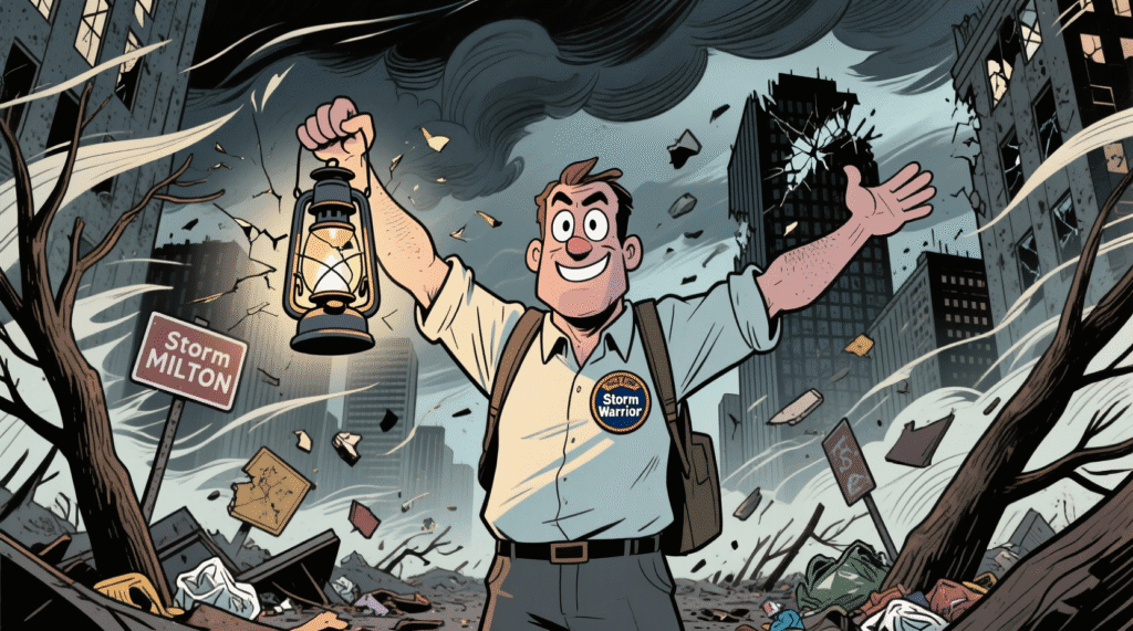 Satirical image of a man wearing a "Storm Warrior" badge, holding a broken lantern during Hurricane Milton — The Daily Dope
