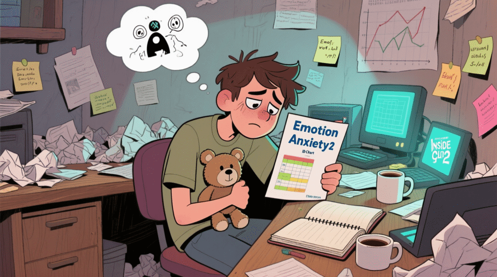 Satirical image of a person holding an "Anxiety" plushie and an "Emotion ID Chart" from Inside Out 2 — The Daily Dope