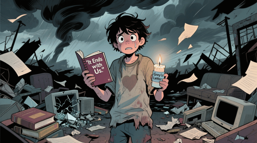 Satirical image of a teen holding an "It Ends with Us" journal and a "Grey's Letter" candle — The Daily Dope