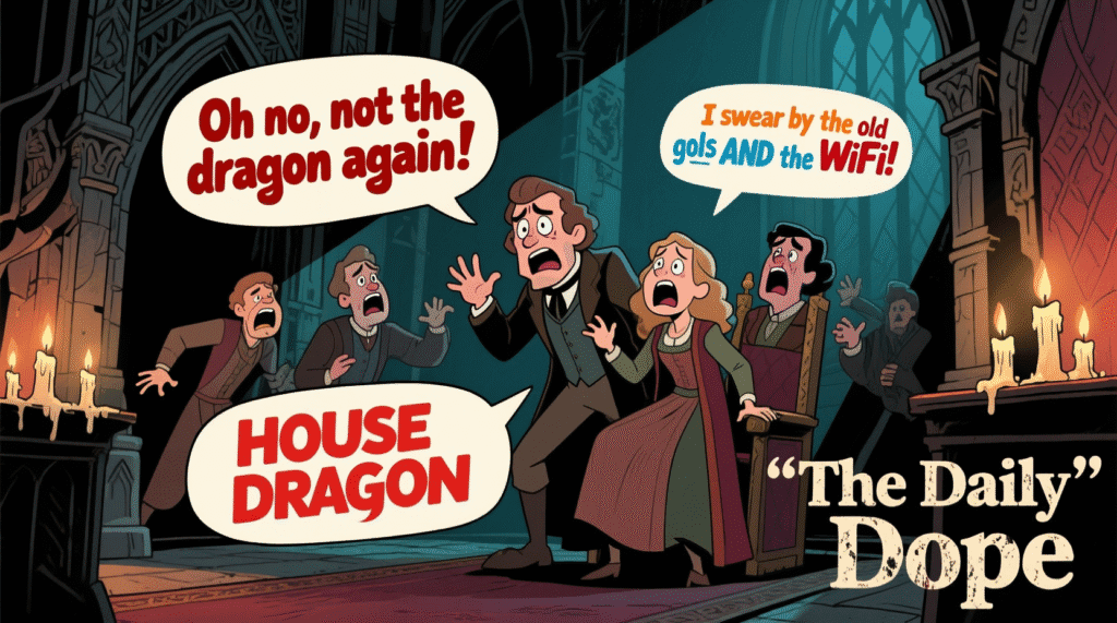 Satirical image of a dramatic House of the Dragon scene with cringe dialogue bubbles — The Daily Dope