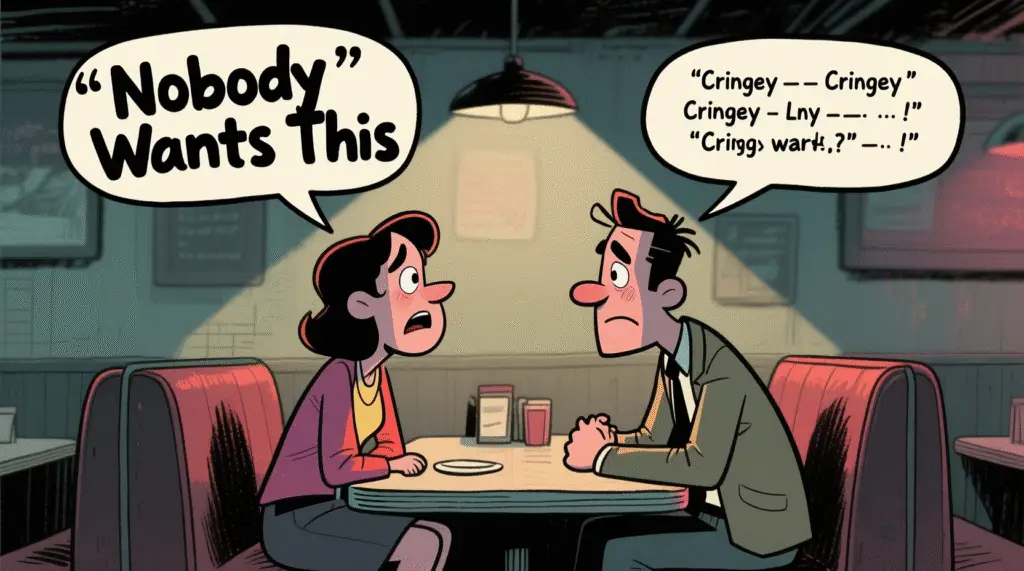 Satirical image of a painfully awkward first date from 'Nobody Wants This' with cringe dialogue bubbles — The Daily Dope