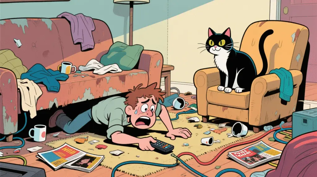 Satirical image of a person searching under a couch for a TV remote, with a cat watching smugly — The Daily Dope