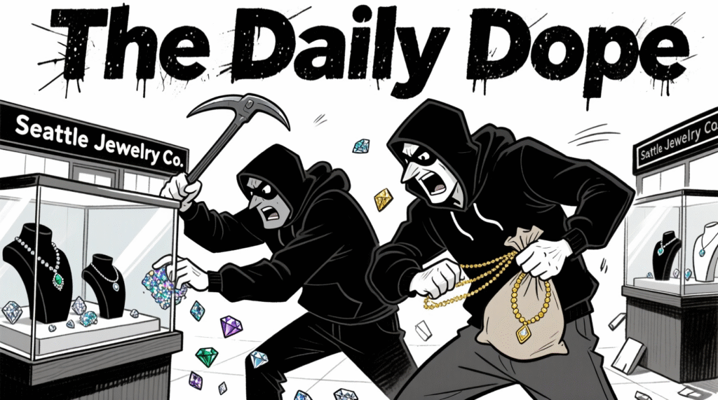 Satirical image of thieves in hoodies grabbing jewels in under 90 seconds from a Seattle jewelry store — The Daily Dope