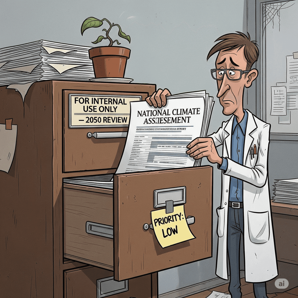 Satirical image of a government report titled "Climate Change is Real" locked in a drawer labeled "Do Not Open" — The Daily Dope