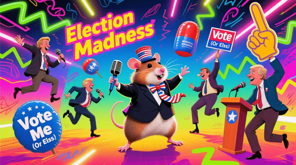 Satirical collage of bizarre political memes: dancing candidates, deepfakes, and a hamster in a suit — The Daily Dope